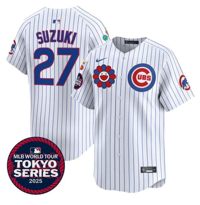 Men's Chicago Cubs #27 Seiya Suzuki White 2025 Tokyo Series Limited Stitched Baseball Jersey Men's Chicago Cubs #27 Seiya Suzuki White 2025 Tokyo Series Limited Stitched Baseball Jersey